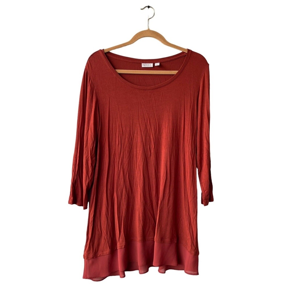 LOGO By Lori Goldstein Tunic Top Women's Size M Rust Trimmed Hem Long Sleeve